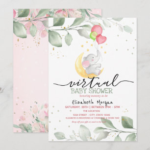 Invitation Fête Virtuelle de Bébé Éléphant Lune Ballons