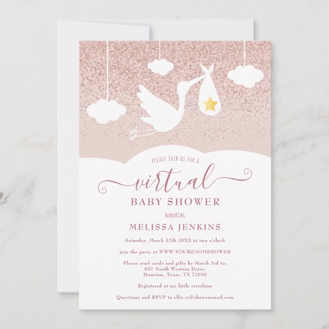 Invitation Fête Virtuelle de Bébé Étoile en Or Rose avec une  (Devant)