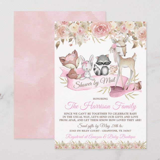 Invitation Fête Virtuelle de Bébé Fille Animaux de la Forêt (Devant / Derrière)