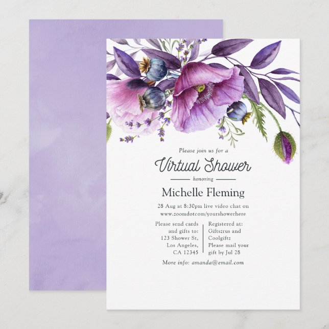 Invitation Fête Virtuelle de Bébé Fleurs de Pavot Violet Past (Devant / Derrière)