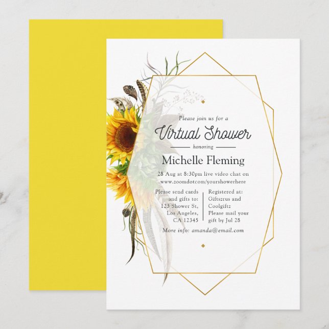 Invitation Fête virtuelle de bébé géométrique tournesol d'été (Devant / Derrière)