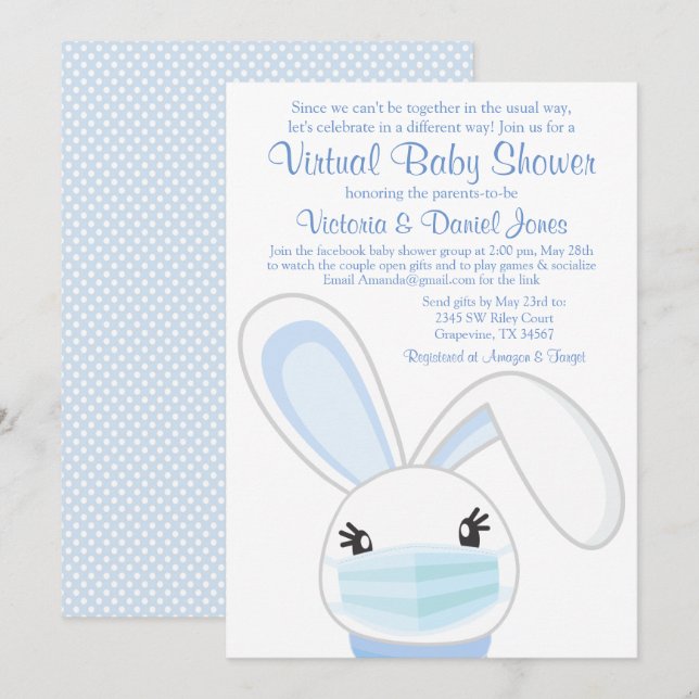 Invitation Fête Virtuelle de Bébé Masque de Lapin Garçon (Devant / Derrière)