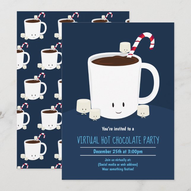 Invitation Fête virtuelle de Noël Chocolat bleu chaud (Devant / Derrière)