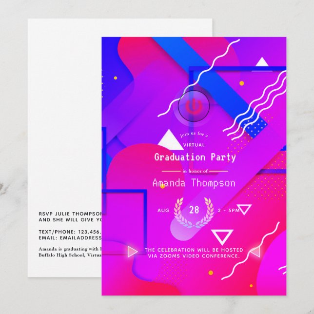 Invitation Fête Virtuelle de Remise de Diplômes Geometric Glo (Devant / Derrière)