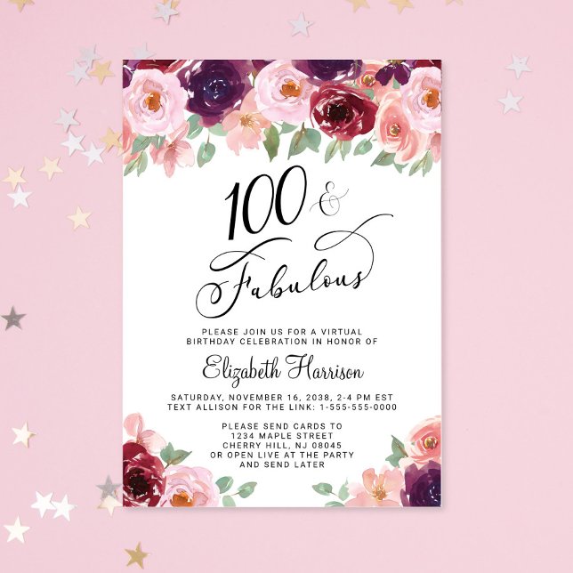 Invitation Fête virtuelle élégante d'anniversaire des 100 ans (Elegant Floral Virtual 100th Birthday Party Invitation)