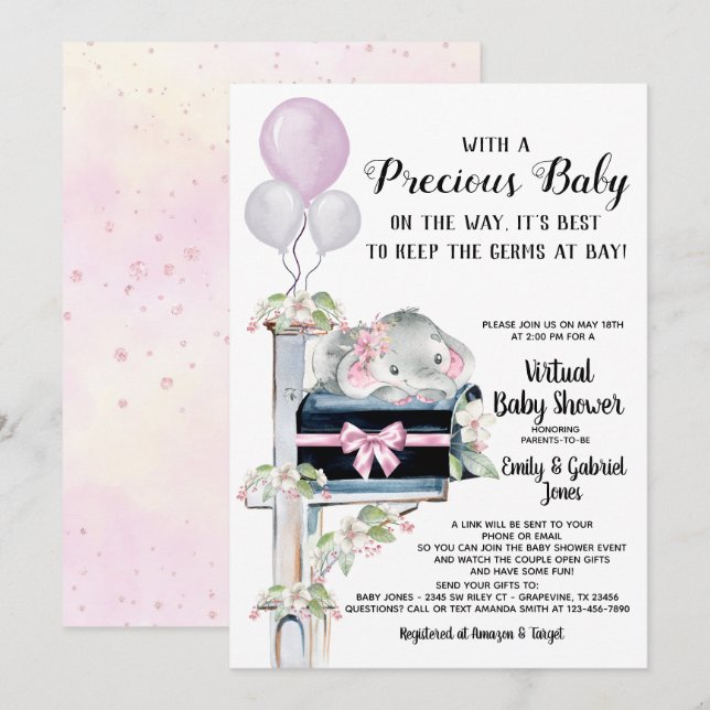 Invitation Fête virtuelle en ligne pour bébé éléphant fille (Devant / Derrière)