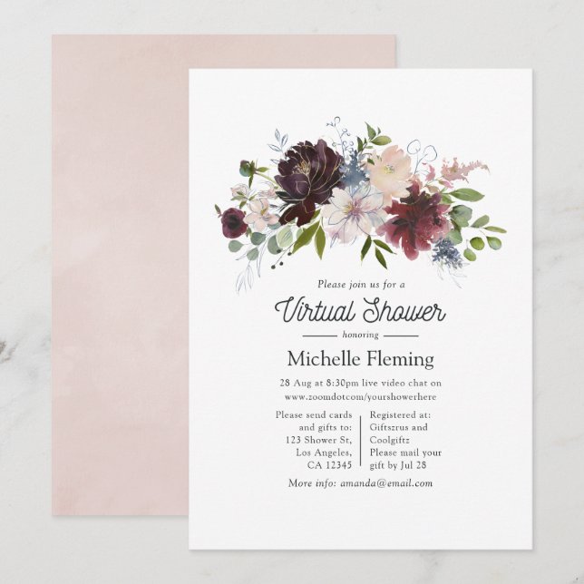 Invitation Fête virtuelle pour bébé avec des fleurs roses et  (Devant / Derrière)