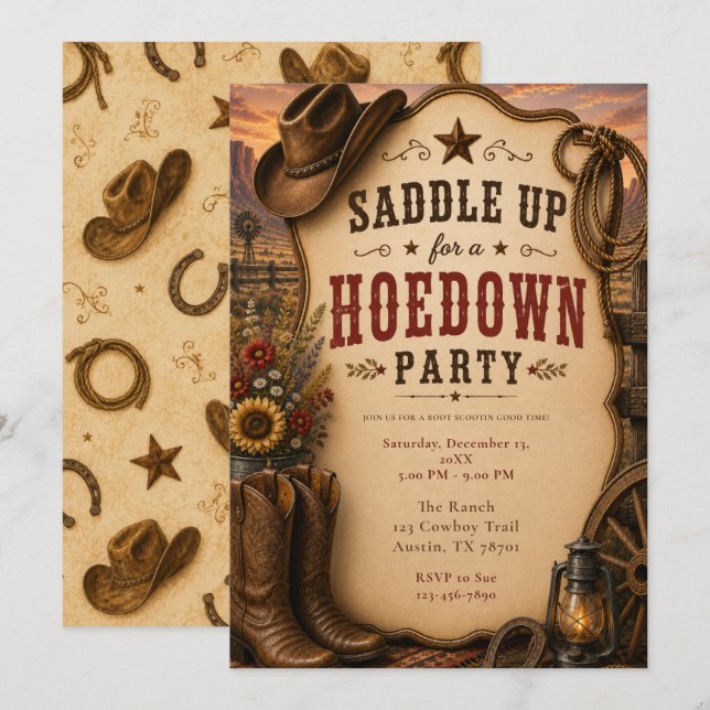 Invitation Fête Western Hoedown (Devant / Derrière)