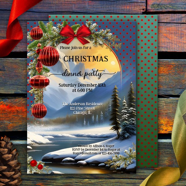 Invitation Fête Whimsical Retro Noël Dîner fête (Festive Christmas dinner party invitation featuring a winter wonderland with pine trees)