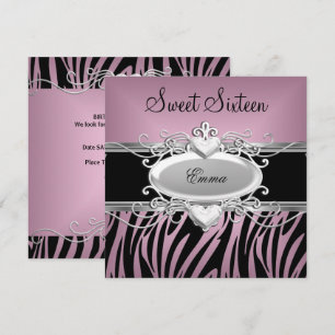 Invitation Fête Zebra Sweet Seize 16 Argent Rose Noir
