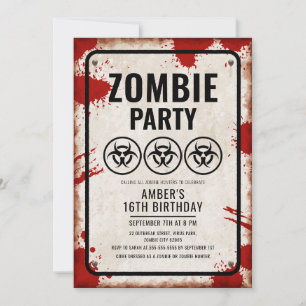 Invitation Fête zombie avec icônes de risque biologique et ta