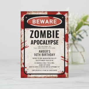 Invitation Fête zombie avec panneau AVERTISSEMENT et taches d