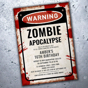 Invitation Fête zombie avec panneau d'avertissement et taches