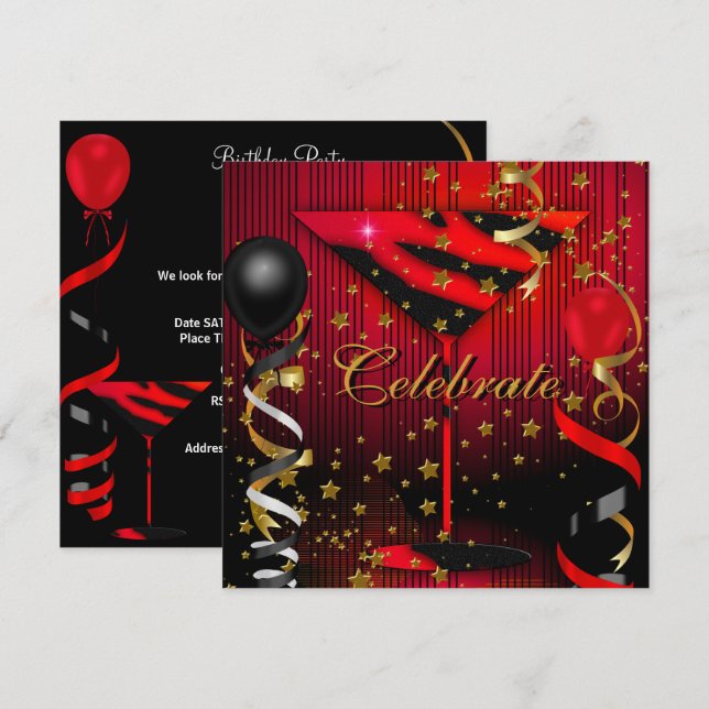 Invitation Fêter Anniversaire Fête Étoiles Noir Rouge (Devant / Derrière)