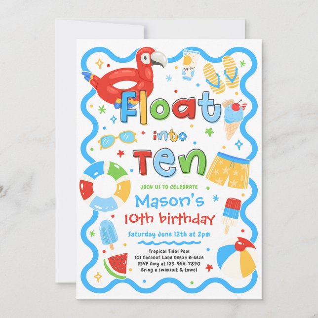 Invitation Fêter Dix Ans à la Piscine pour les Vacances d'Été (Devant)