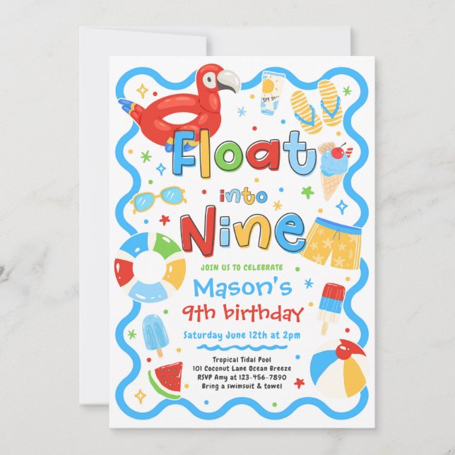 Invitation Fêter neuf ans à la piscine l'été Fête d'anniversa (Devant)