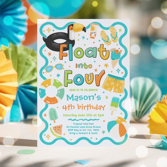 Invitation Fêter quatre ans en flottant dans l'été Fête d'ann (Créateur téléchargé)