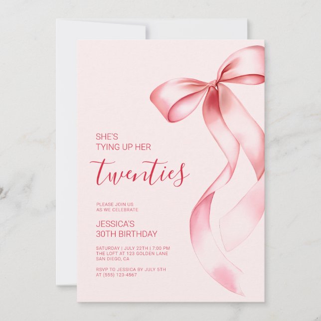 Invitation Fêter ses 30 ans avec un Nœud Rose pour ses Vingt  (Devant)