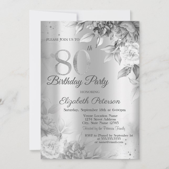 Invitation Fêtes d'anniversaire 80 ans Gray Roses Silver (Devant)