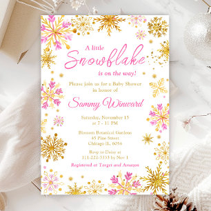 Invitation Fêtes de Bébé d'Hiver Flocons de Neige Rose et Or