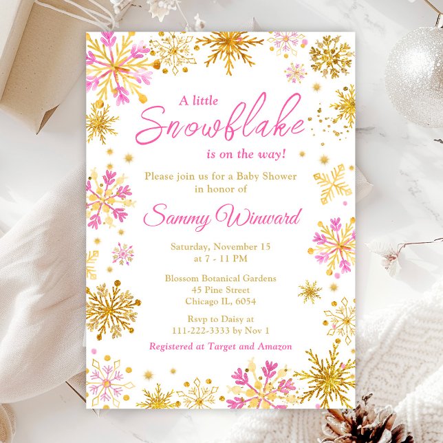 Invitation Fêtes de Bébé d'Hiver Flocons de Neige Rose et Or (Créateur téléchargé)