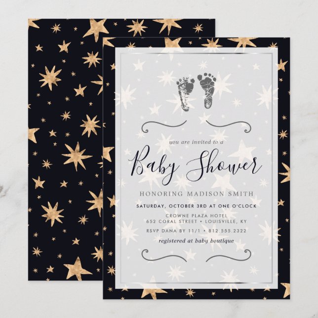 Invitation Fêtes de bébé étoiles dorées bleu marine tendance (Devant / Derrière)