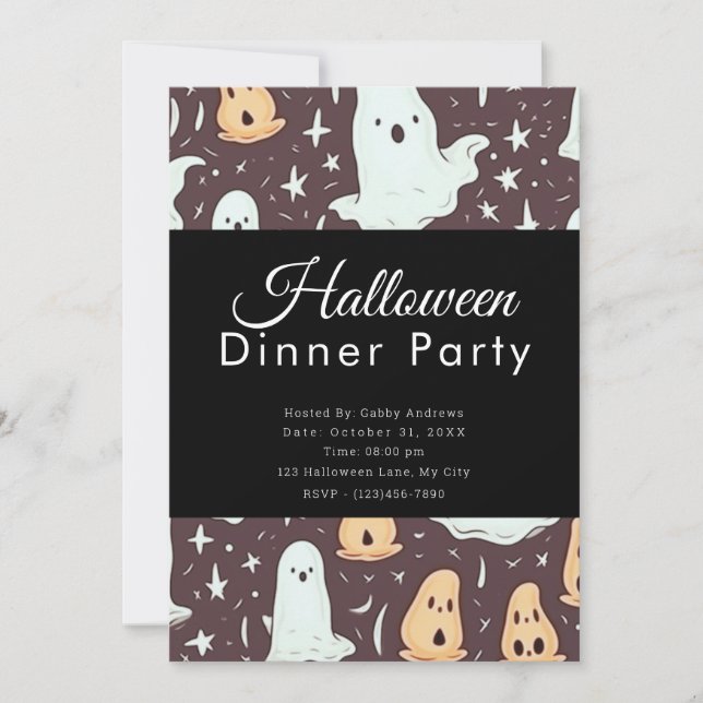 Invitation Fêtes de dîner marrons Halloween avec des fantômes (Devant)