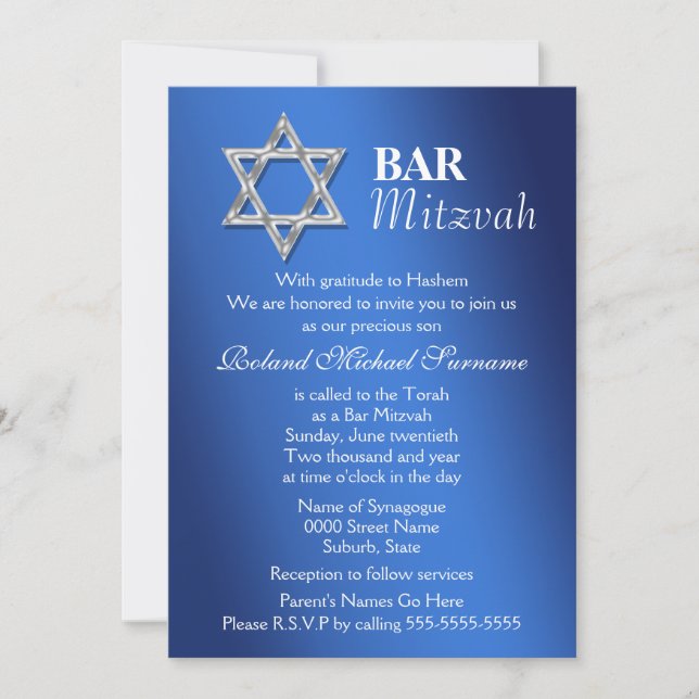 Invitation Fêtes de la mitzvah du bar en argent bleu (Devant)