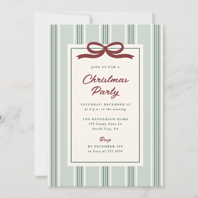 Invitation Fêtes de Noël élégantes à rayures et ruban (Devant)