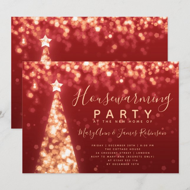 Invitation Fêtes de Noël Gold & Red Houseréchauffing (Devant / Derrière)