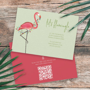 Invitation Fêtes de Noël Lumières Flamant rose rose QR Code C