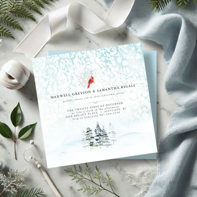 Invitation Fêtes de Noël personnalisables de Winter Pines (Christmas party invitations watercolor pine trees red cardinal wintery scene minimalistic)