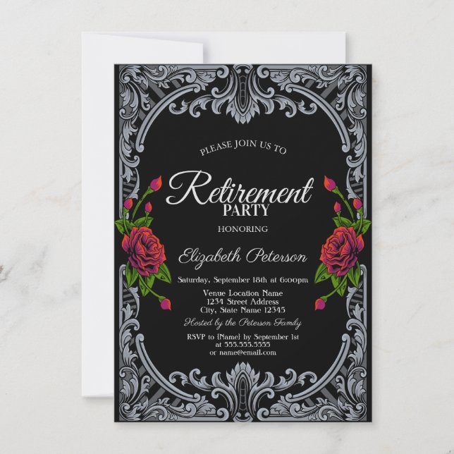 Invitation Fêtes de retraite roses rouges gothiques rayures n (Devant)