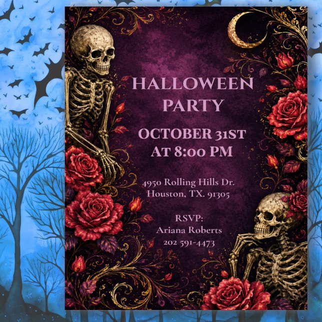 Invitation Fêtes d'Halloween Roses Squelettes Gothiques (Créateur téléchargé)
