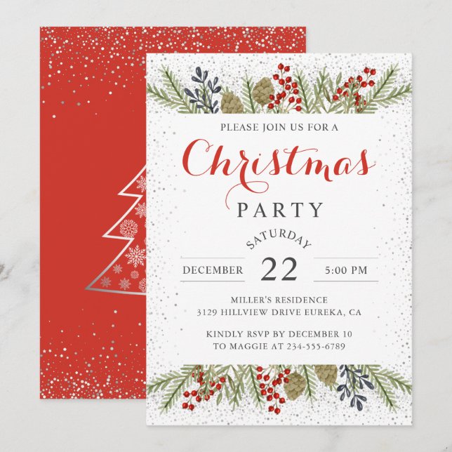 Invitation Fêtes Holly Berries Fête de Noël de neige (Devant / Derrière)