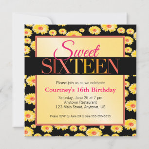 Invitation Fêtes jaunes sur la sucrerie noire 16 Anniversaire