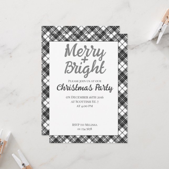 Invitation Fêtes tartan Noël Party Joyeux Bright (Devant/Arrière en situation)