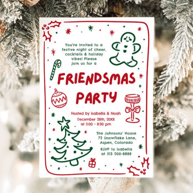 Invitation Fêtes Whimsical Main Draendsmas Party (Whimsical Holiday Hand Drawn Friendsmas Party Card)