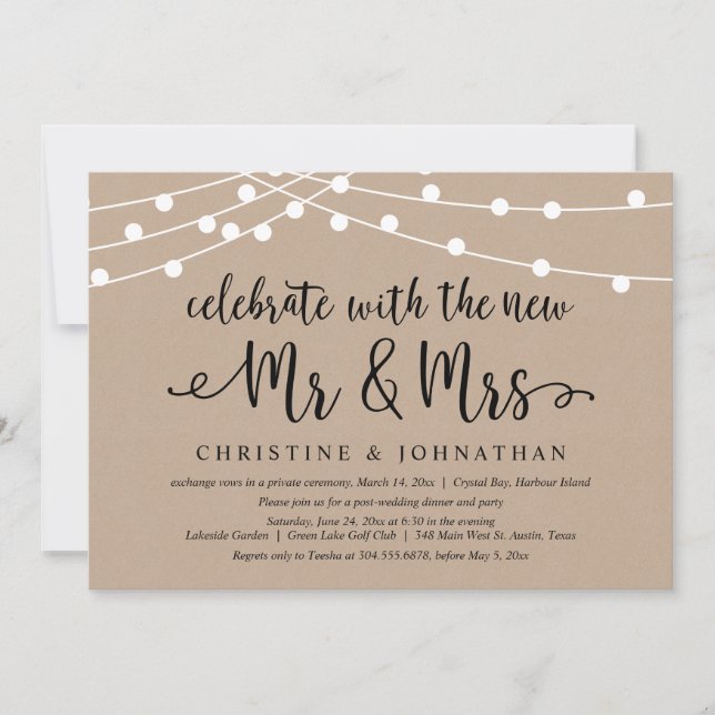 Invitation Fêtez avec le nouveau M & Mme, Mariage Elopement (Devant)