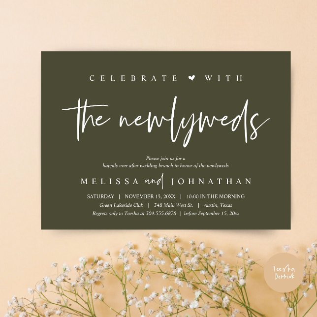 Invitation Fêtez avec les jeunes mariés, Mariage Brunch (Celebrate with the Newlyweds, Wedding Brunch Invitation Card, PDF, in modern olive green)