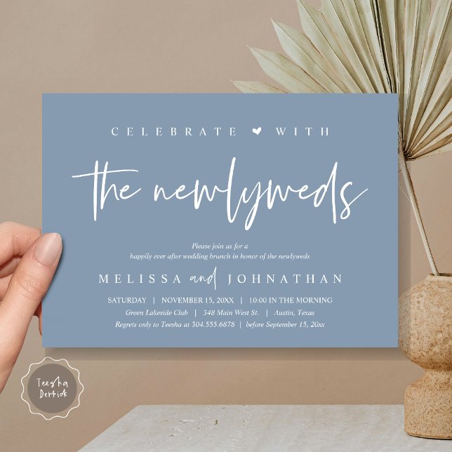 Invitation Fêtez avec les jeunes mariés, Mariage Brunch (Celebrate with the Newlyweds, Wedding Brunch Invitation Card, PDF, in modern dusty blue)