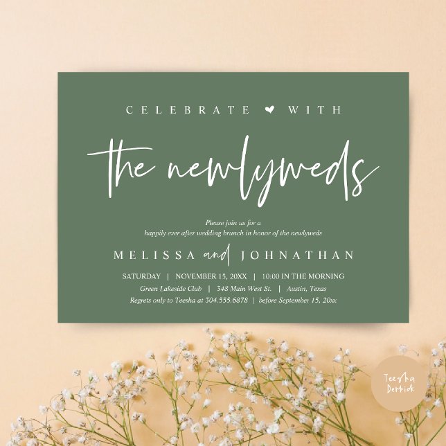 Invitation Fêtez avec les jeunes mariés, Mariage Brunch (Celebrate with the Newlyweds, Wedding Brunch Invitation Card, PDF, in modern forest sage green)