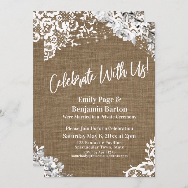 Invitation Fêtez Avec Nous ! Burlap Lace Floral Lights Party (Devant / Derrière)