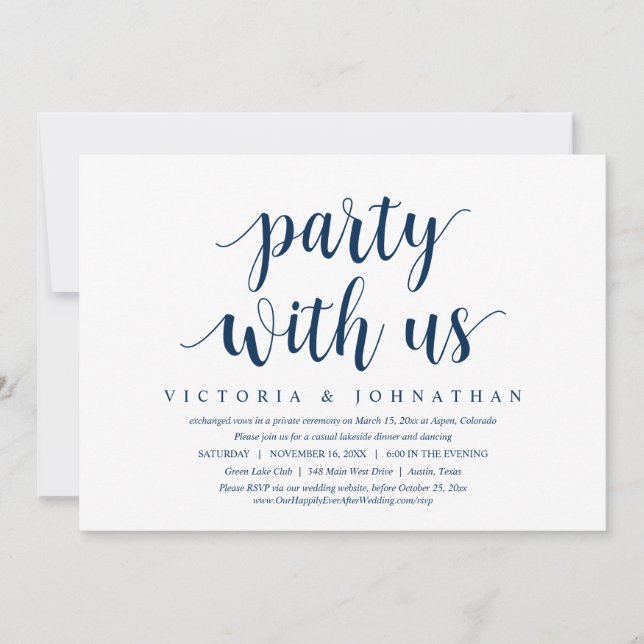 Invitation Fêtez avec nous, dîner de mariage en fuite dansant (Devant)