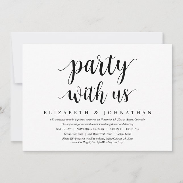 Invitation Fêtez avec nous, dîner de mariage en fuite dansant (Devant)