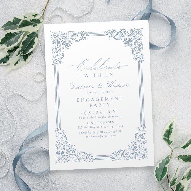 Invitation Fêtez Avec Nous ! Fiançailles Vintage bleu Dusty (Celebrate With Us! Dusty Blue Vintage Engagement Invitation)