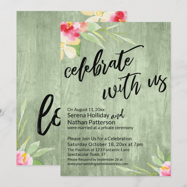 Invitation Fêtez avec nous Fleurs aquarelles et bois vert (Devant / Derrière)
