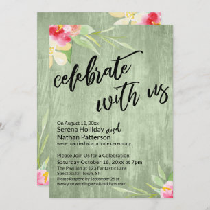 Invitation Fêtez avec nous Fleurs aquarelles et bois vert