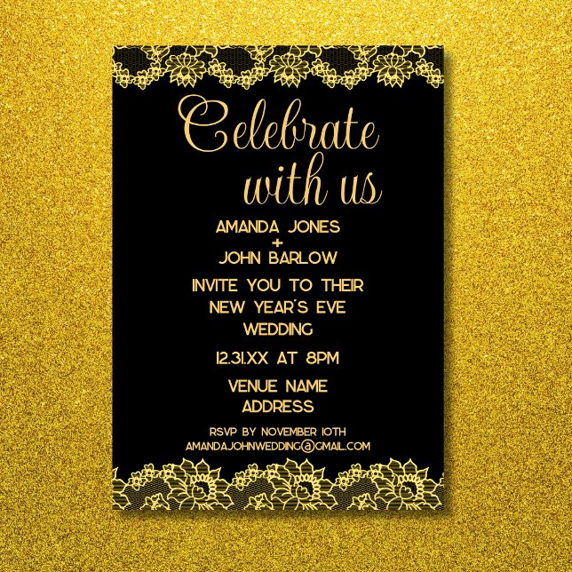 Invitation Fêtez avec nous Gold Floral Mariage du Nouvel An (Celebrate With Us Gold Floral New Year's Wedding Invitation)