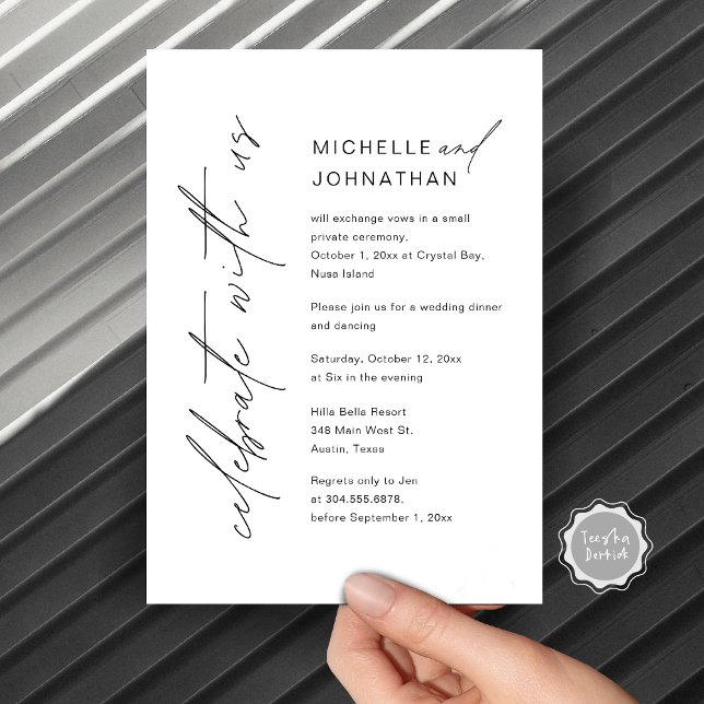Invitation Fêtez avec nous, Mariage Elopement Dinner Party (Celebrate with us, Wedding Elopement Dinner Party and Dancing Invitation Card,  Modern script.)